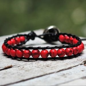 Leather Gemstone Bracelet, Red Turquoise Jewelry